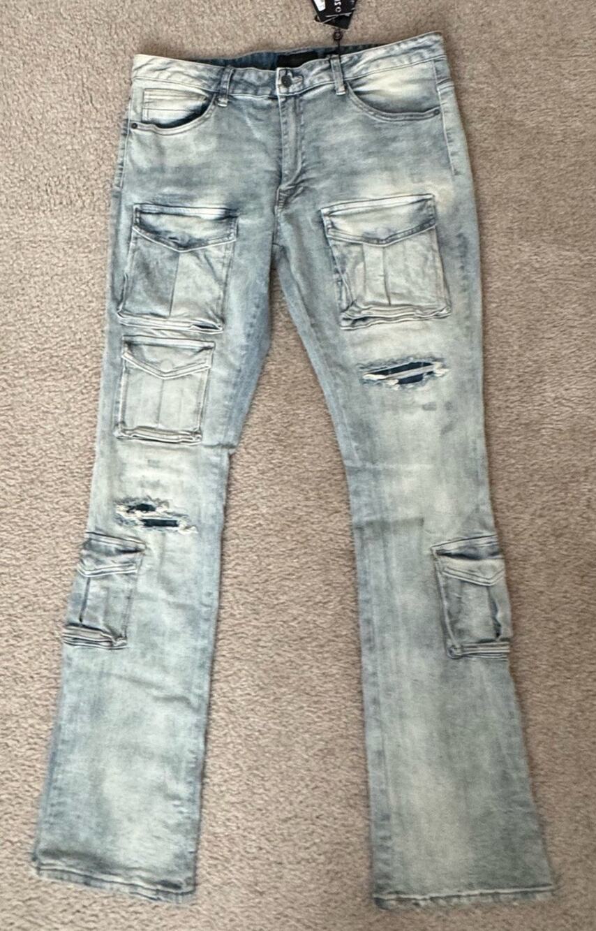 NWT Decibel Super Stretch Cargo Jeans Men’s 36x36 Distressed Utility Denim New
